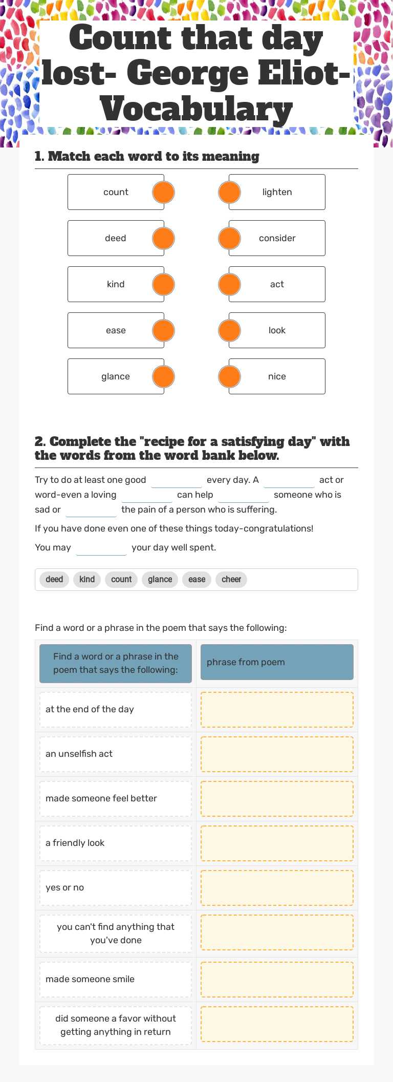 Count that day lost- George Eliot- Vocabulary Grade 10 worksheet preview