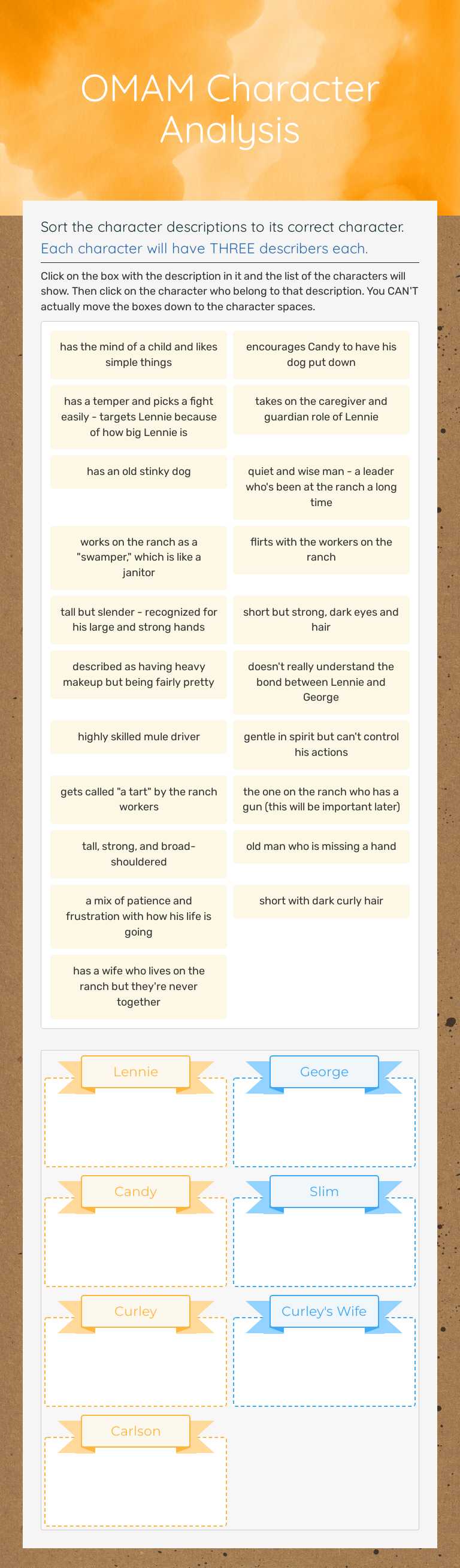 OMAM Character Analysis Grade 9 worksheet preview