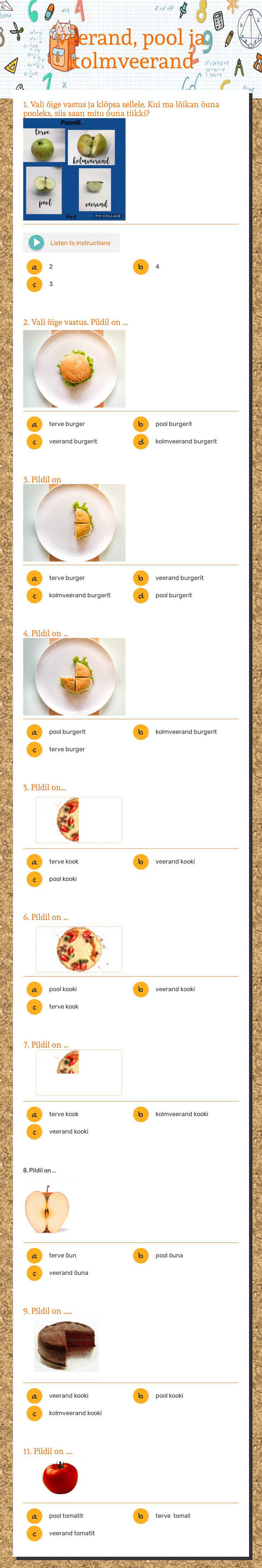 veerand, pool ja kolmveerand Grade 1 worksheet preview