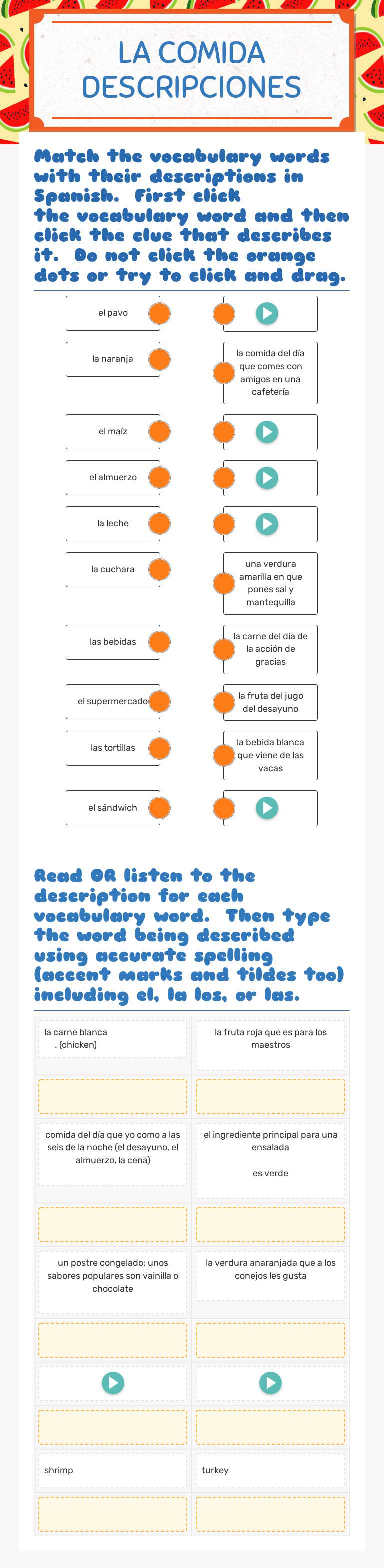 LA COMIDA 
DESCRIPCIONES Grade 12 worksheet preview