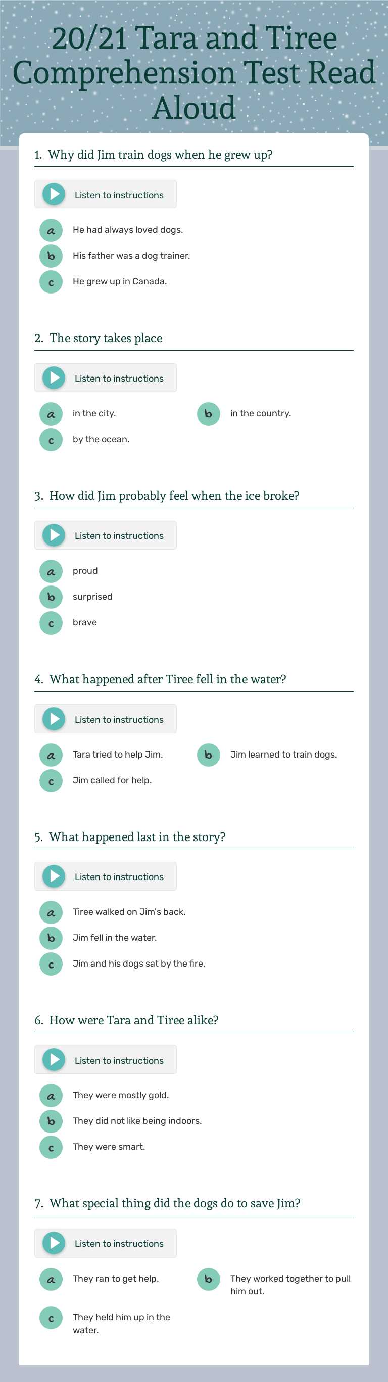 20/21 Tara and Tiree 
Comprehension Test Read Aloud Grade 2 worksheet preview