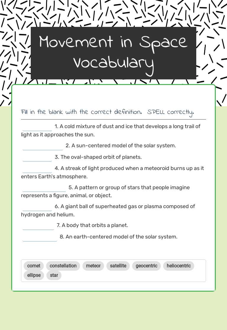 Movement in Space Vocabulary worksheet preview image