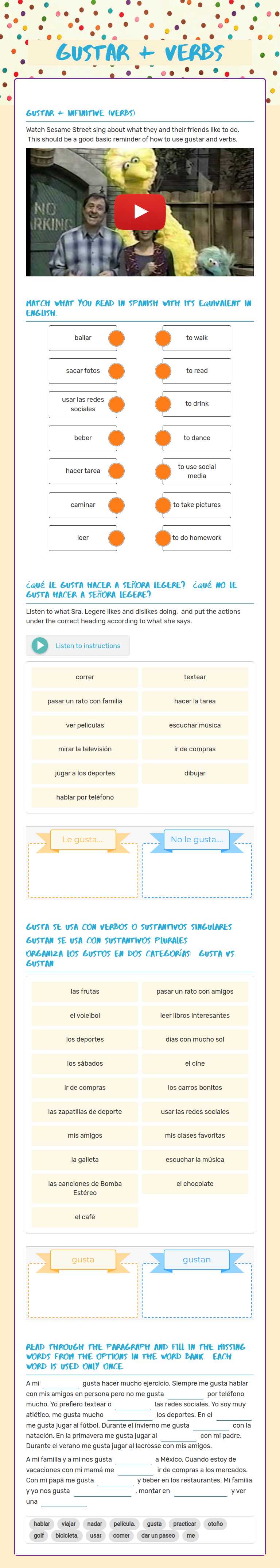 gustar + verbs worksheet preview image