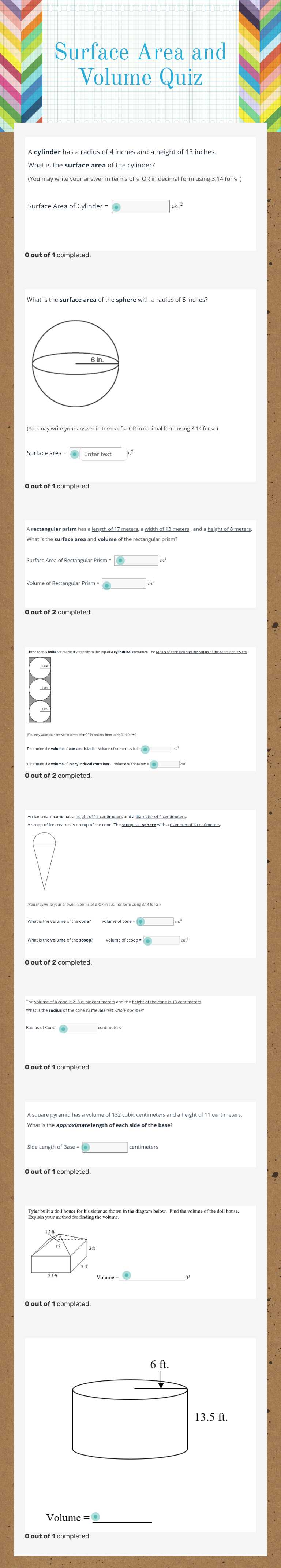 Surface Area and Volume Quiz Grade 9 worksheet preview