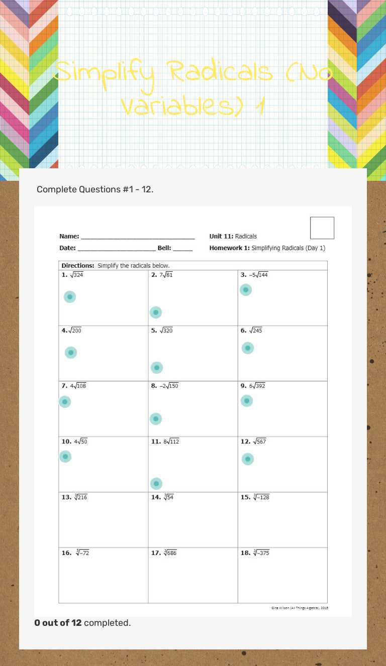 Simplify Radicals (No Variables) 1 worksheet preview image