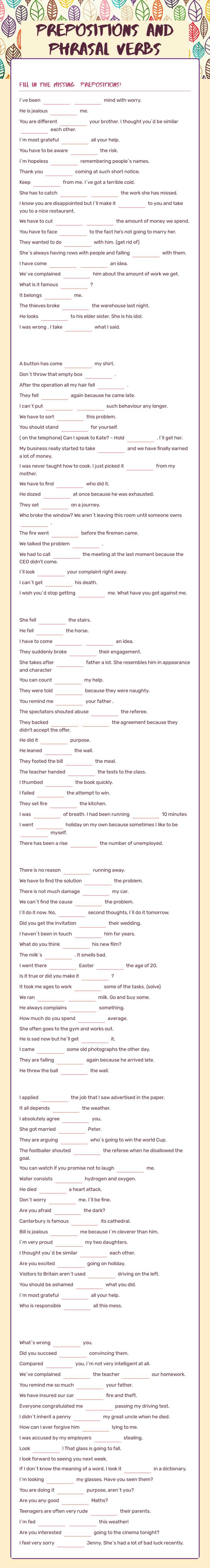 Prepositions and phrasal verbs Grade 10 worksheet preview