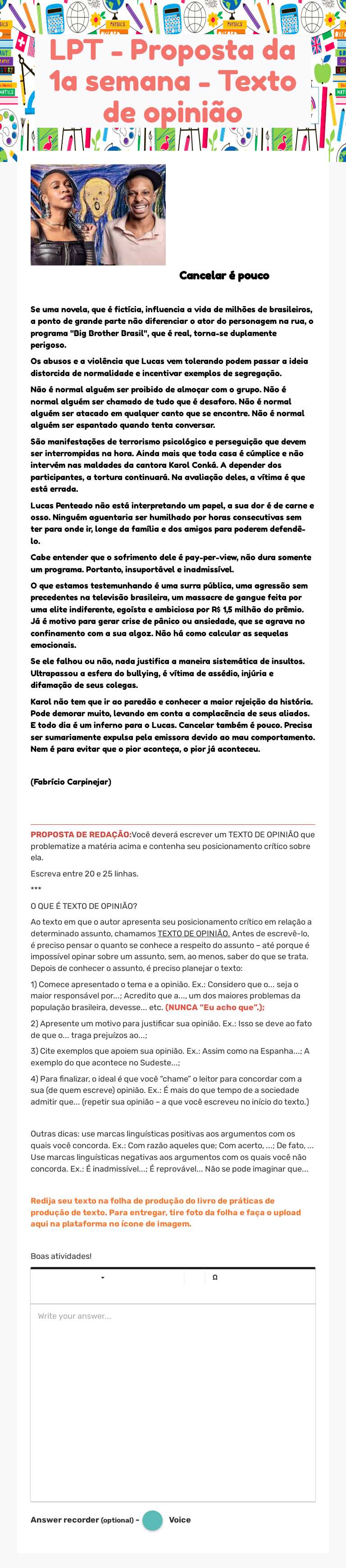 LPT - Proposta da 1a semana - Texto de opinião worksheet preview image