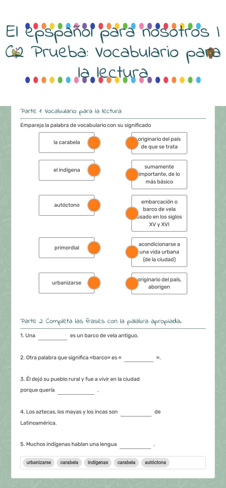 El epspañol para nosotros I C2 Prueba: Vocabulario para la lectura worksheet preview image