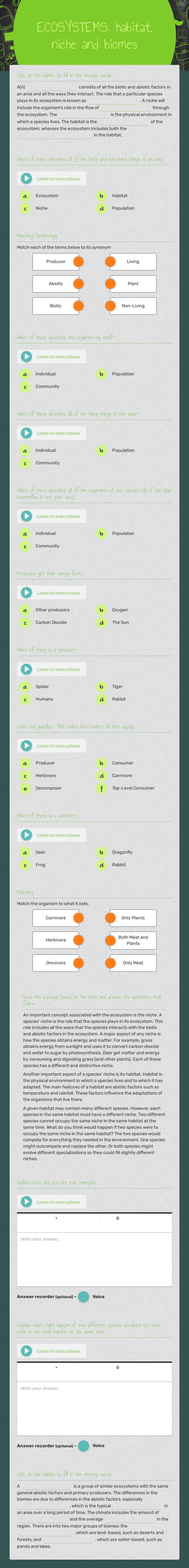 ECOSYSTEMS: habitat, niche and biomes worksheet preview image