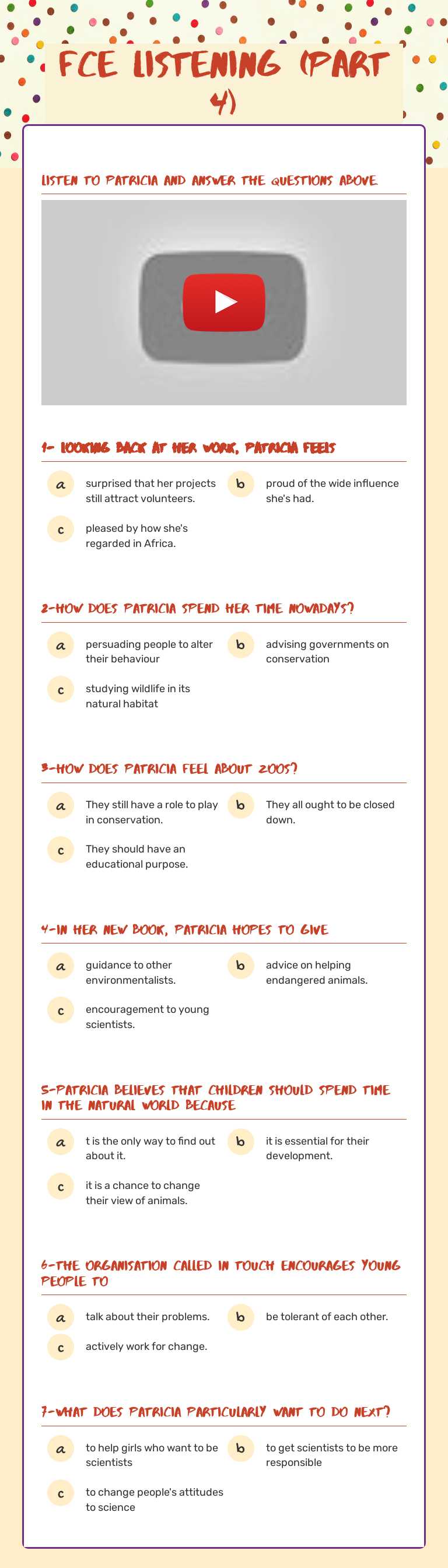 FCE Listening (Part 4) Grade 11 worksheet preview