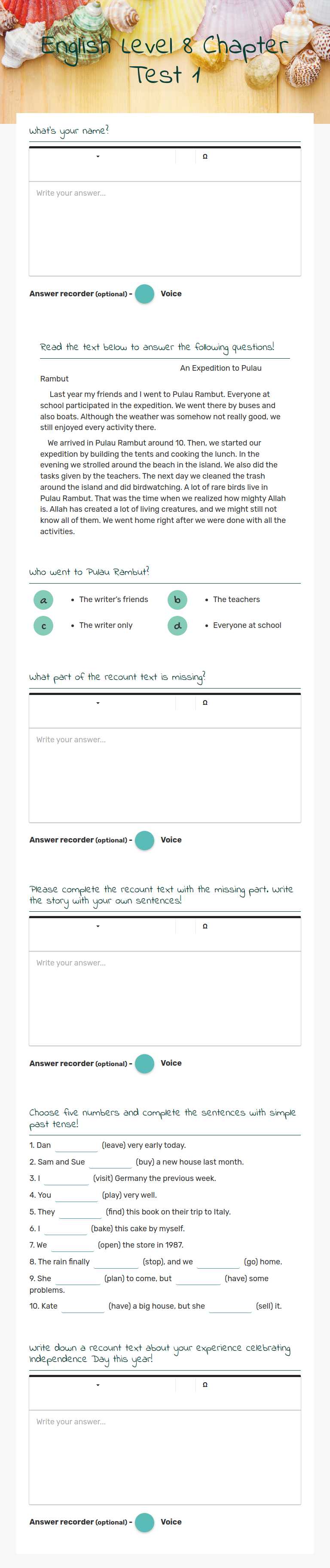 English Level 8 Chapter Test 1 worksheet preview image