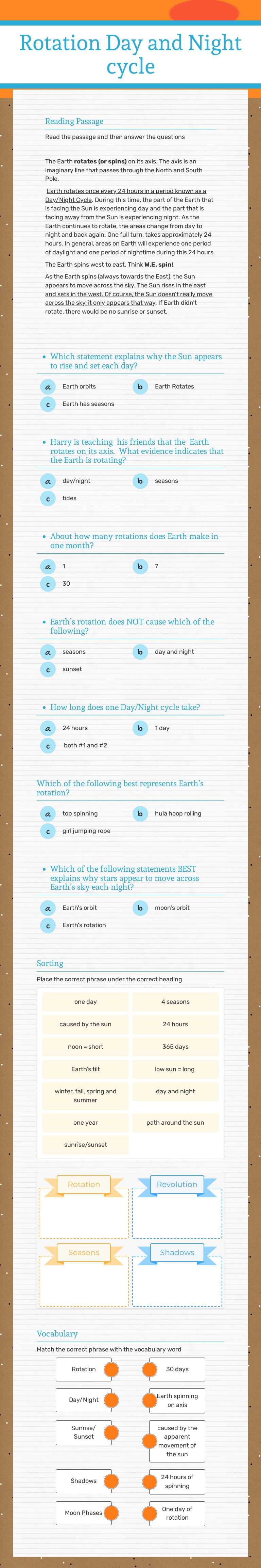 Rotation   Day and Night cycle Grade 8 worksheet preview
