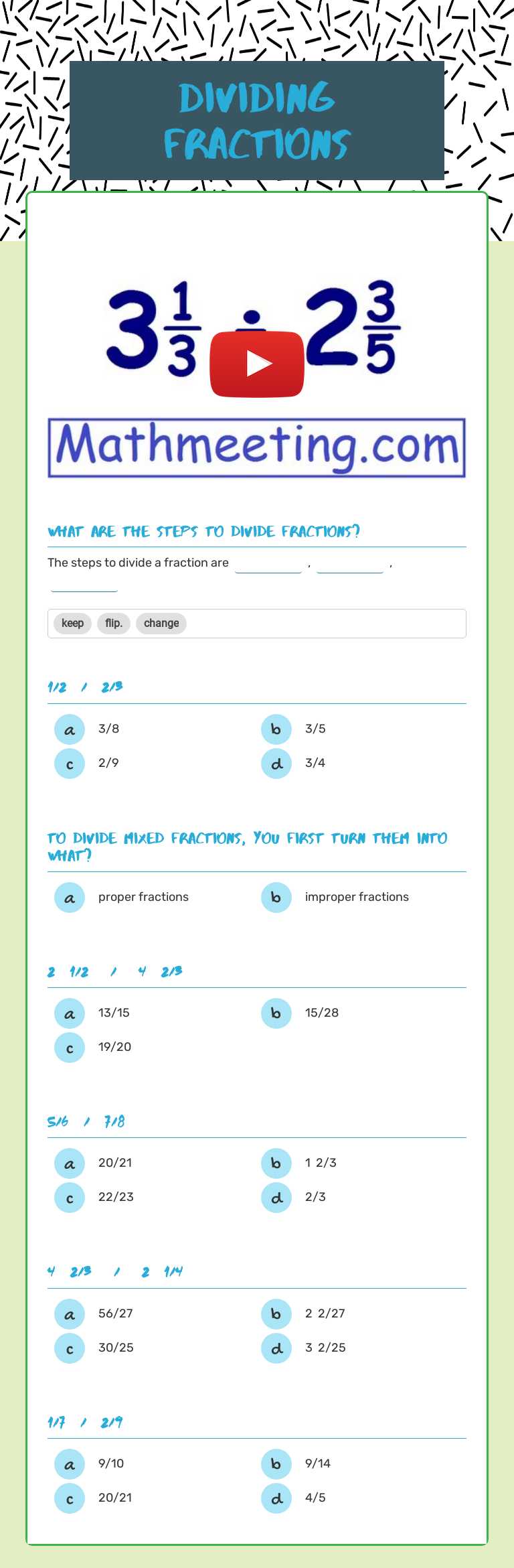 Dividing Fractions Grade 6 worksheet preview
