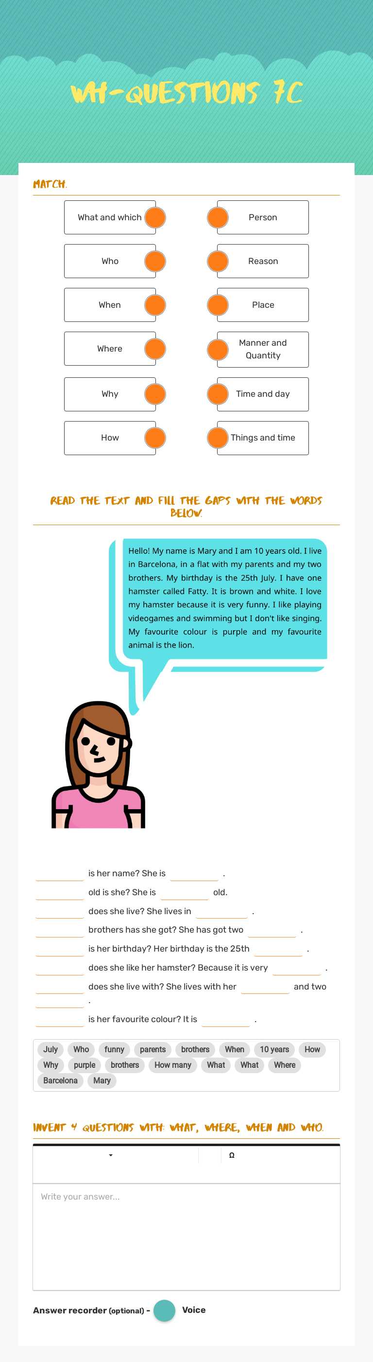 wh-questions 7C Grade 5 worksheet preview
