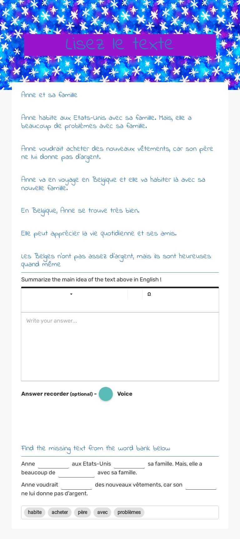 Lisez le texte worksheet preview image