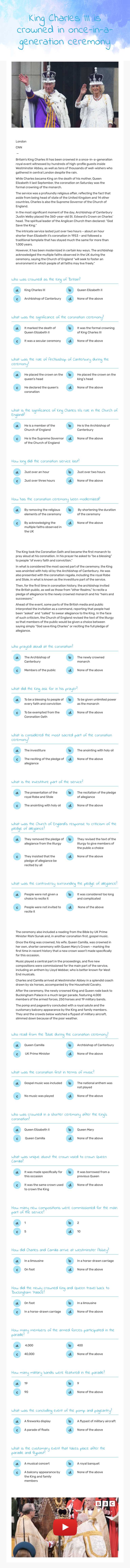 King Charles III is crowned in once-in-a-generation ceremony worksheet preview image