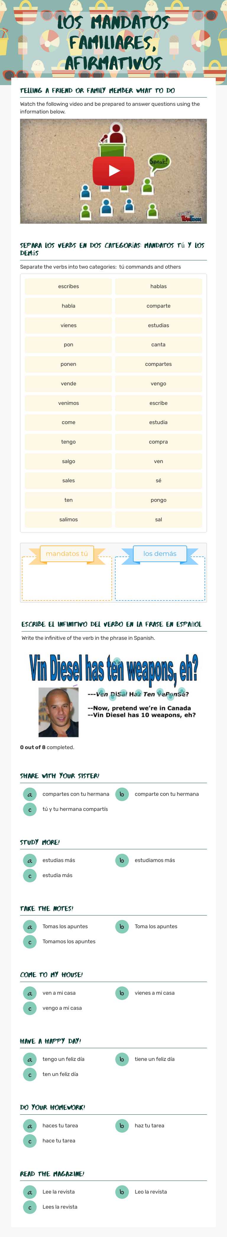 Los mandatos familiares, afirmativos worksheet preview