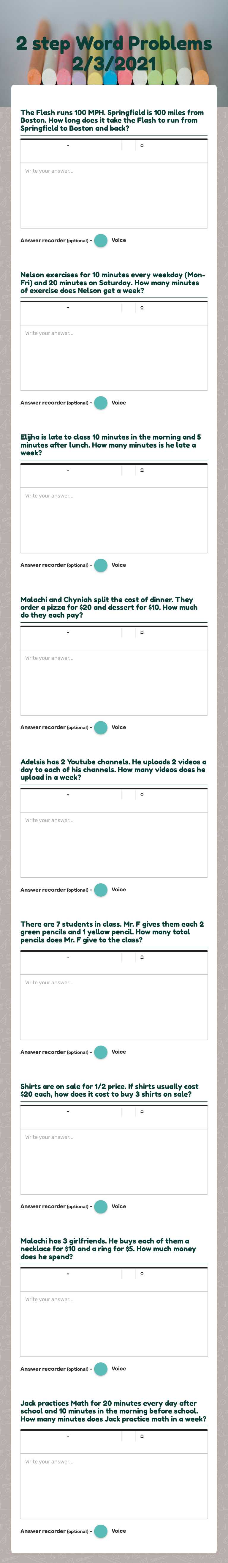 2 step Word Problems 2/3/2021 worksheet preview image