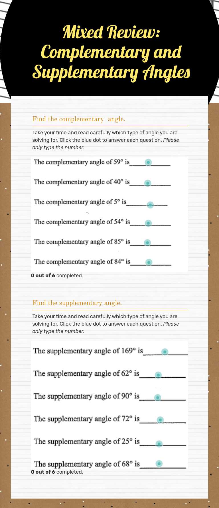 Mixed Review: Complementary and Supplementary Angles worksheet preview image