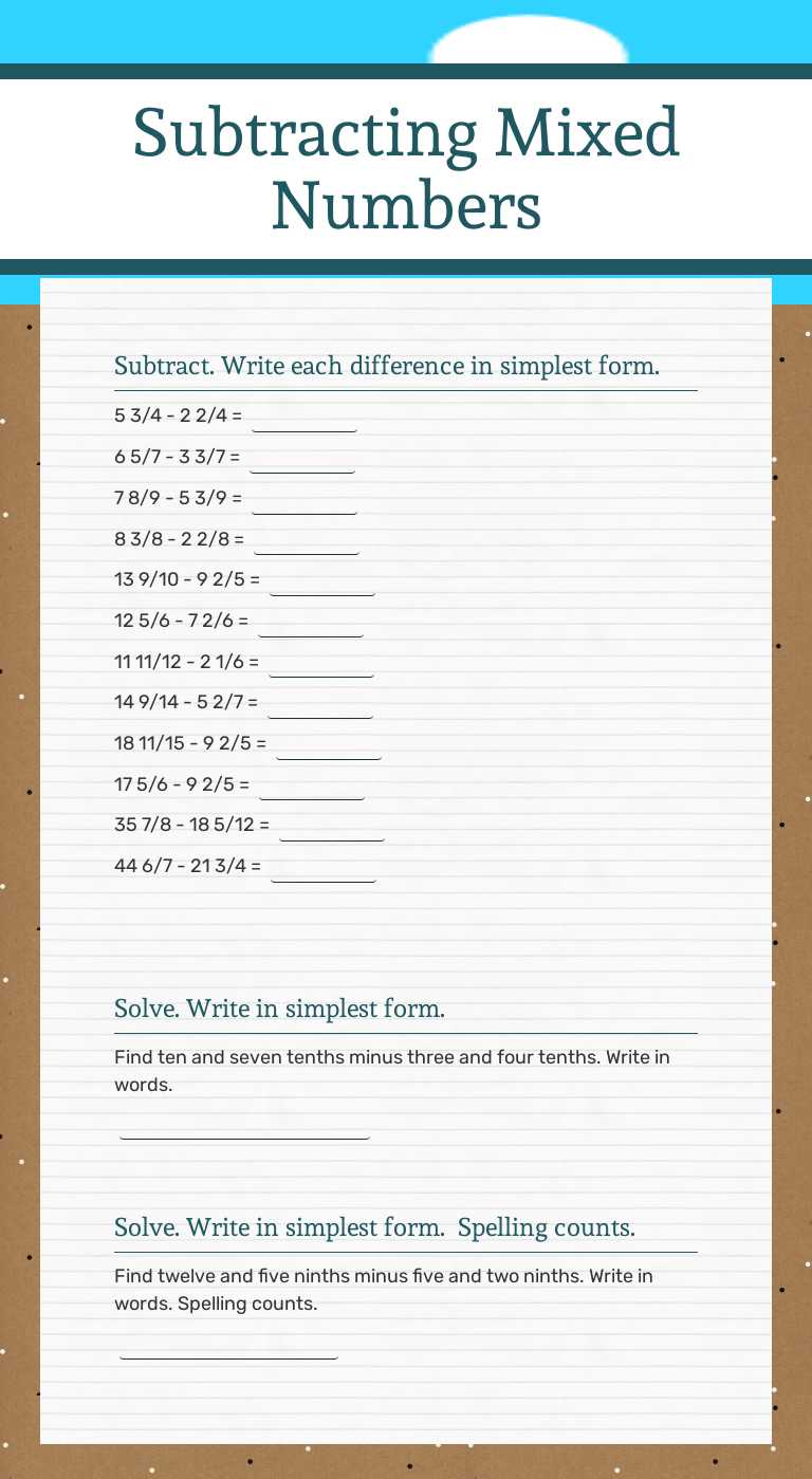 Subtracting Mixed Numbers worksheet preview