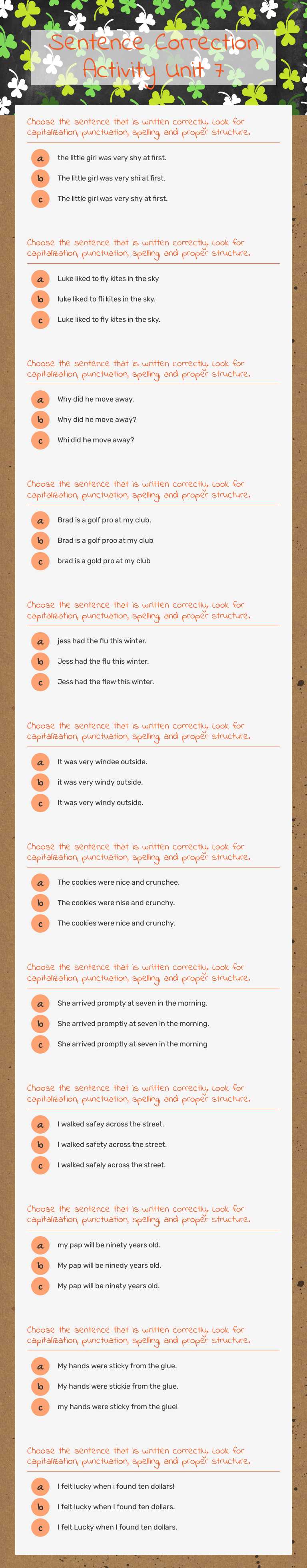 Sentence Correction Activity Unit 7 worksheet preview image