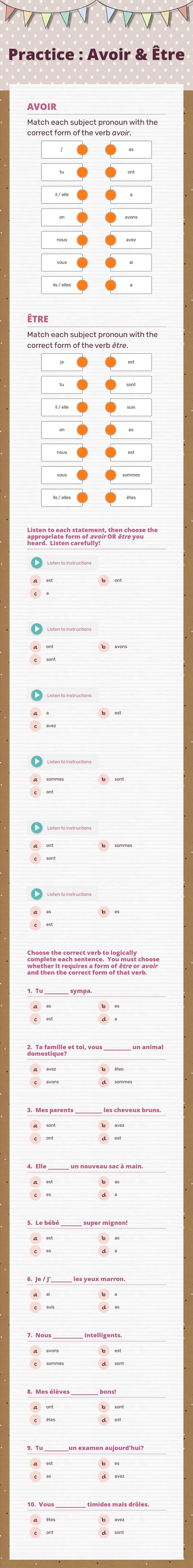 Practice : Avoir & Être worksheet preview image