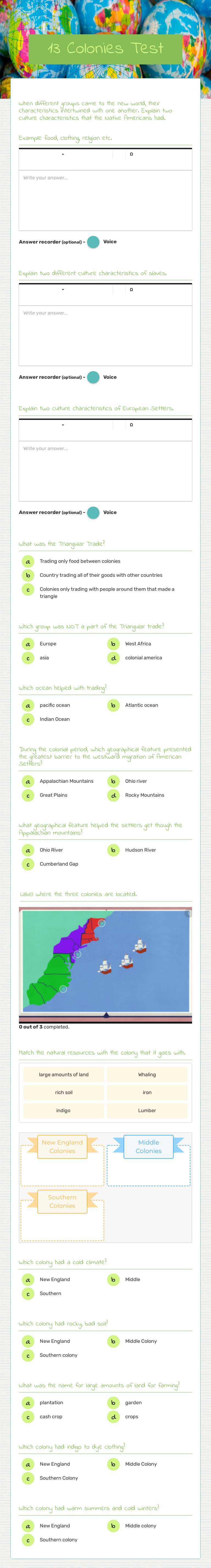 13 Colonies Test Grade 4 worksheet preview