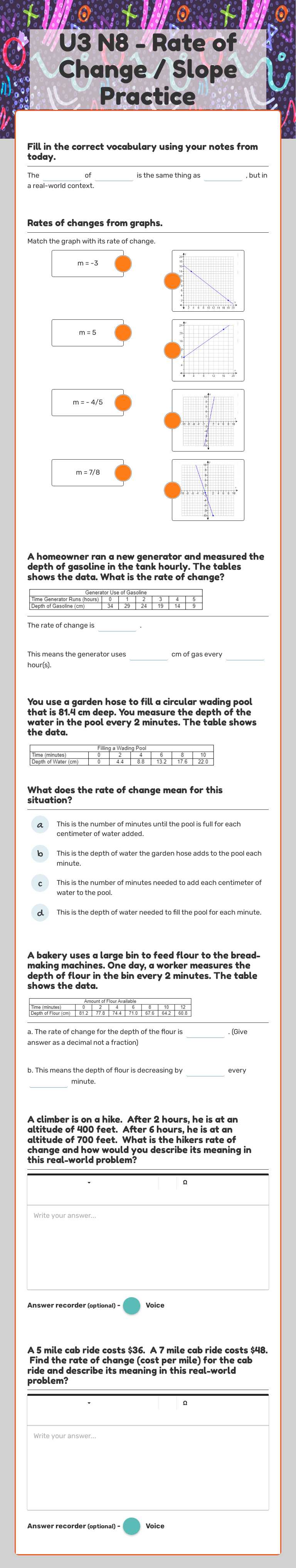 U3 N8 - Rate of Change / Slope Practice worksheet preview image