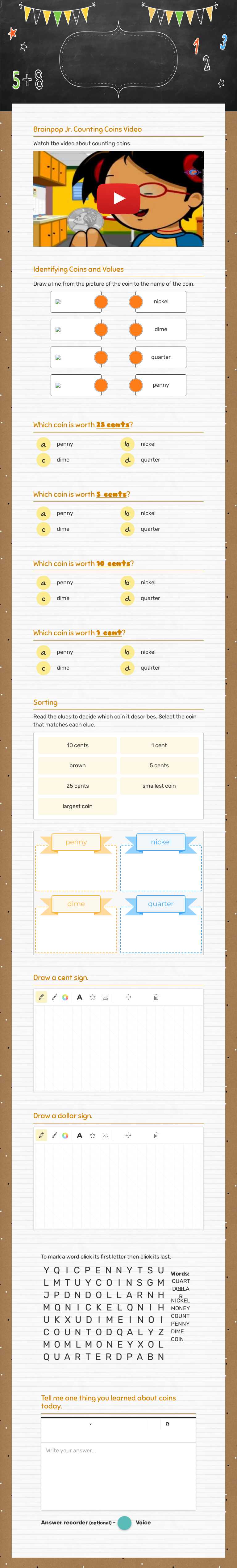 Coins and Their Value worksheet preview image