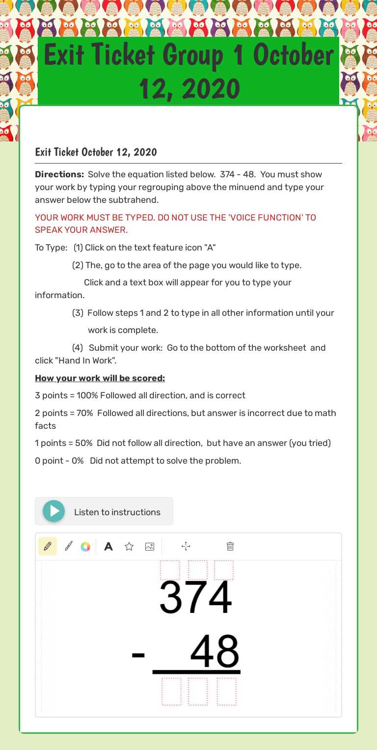 Exit Ticket  Group 1            October 12, 2020 Grade 4 worksheet preview