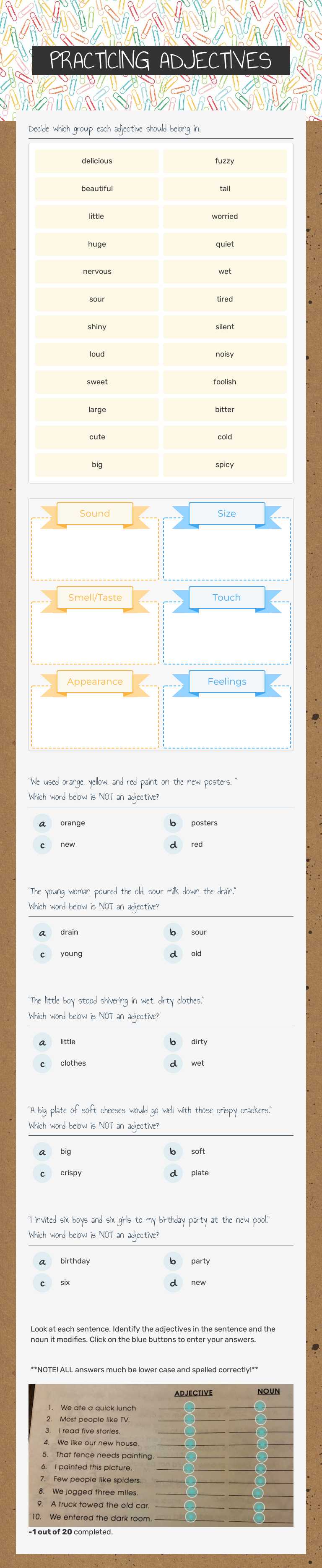 PRACTICING ADJECTIVES worksheet preview image