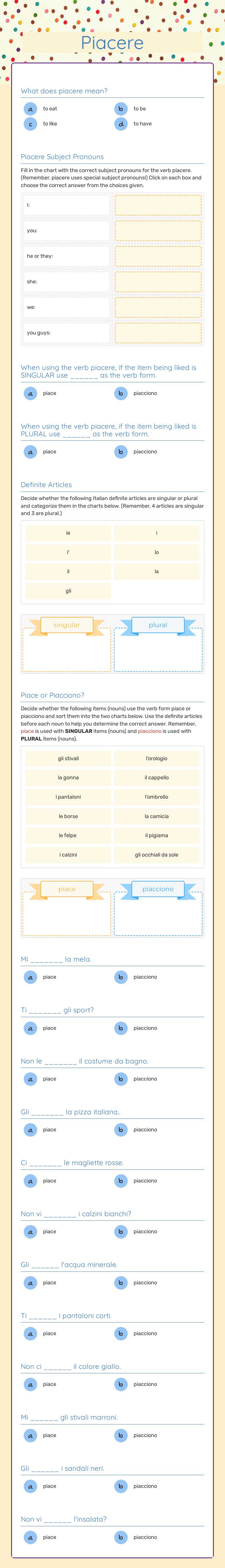 Piacere worksheet preview image