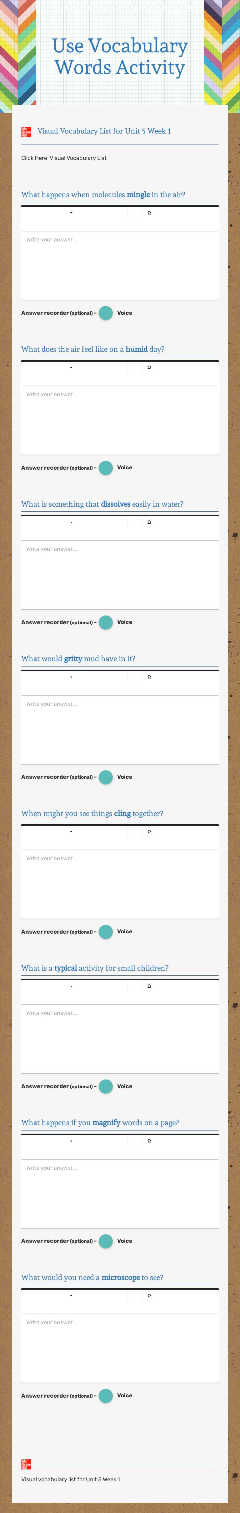 Use Vocabulary  Words Activity worksheet preview image