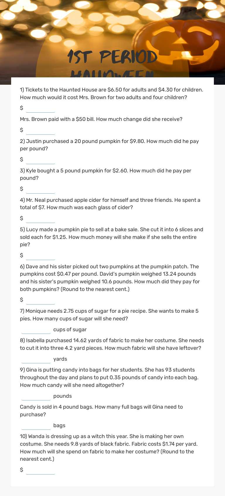 1st Period Halloween Math worksheet preview image