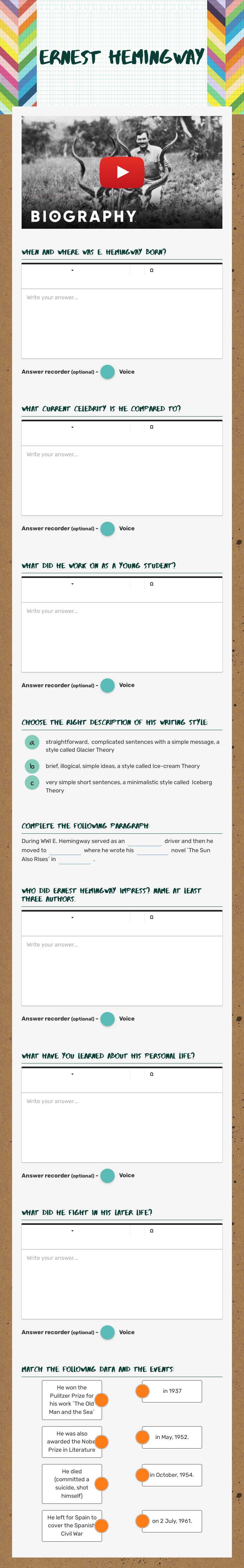 Ernest Hemingway worksheet preview image