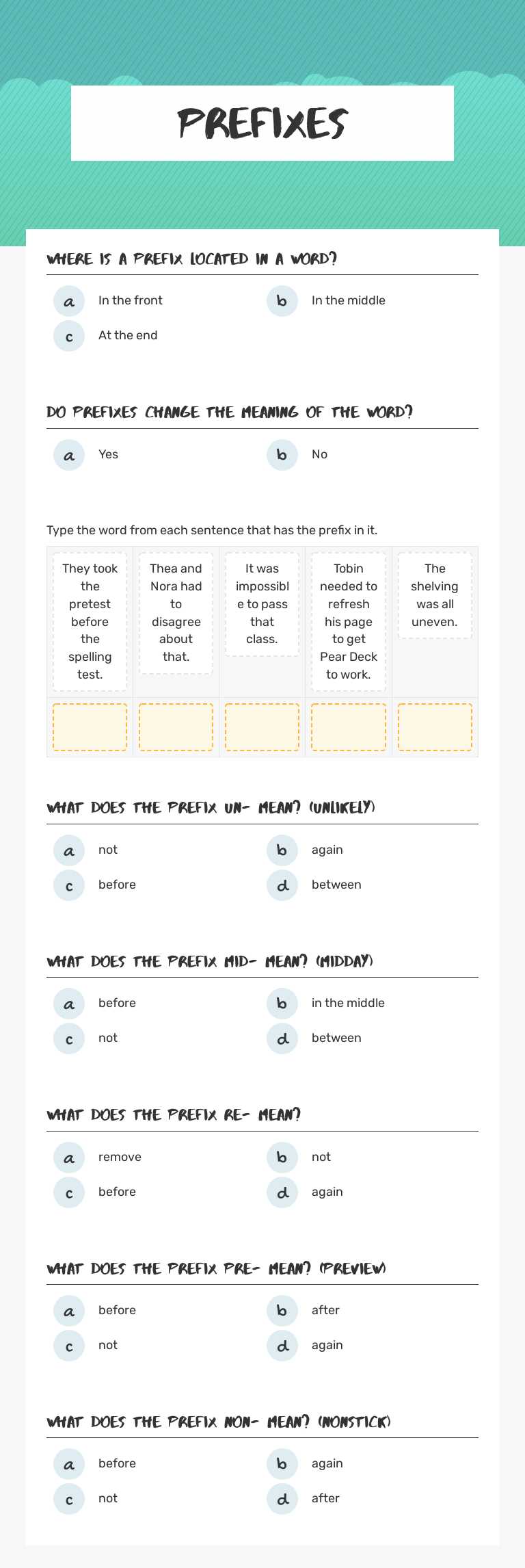 Prefixes Grade 3 worksheet preview