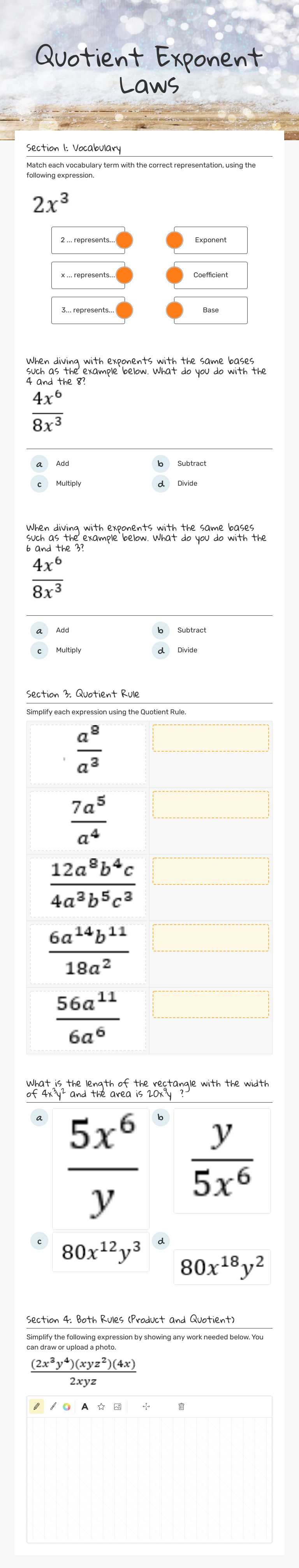 Quotient Exponent Laws Grade 9 worksheet preview