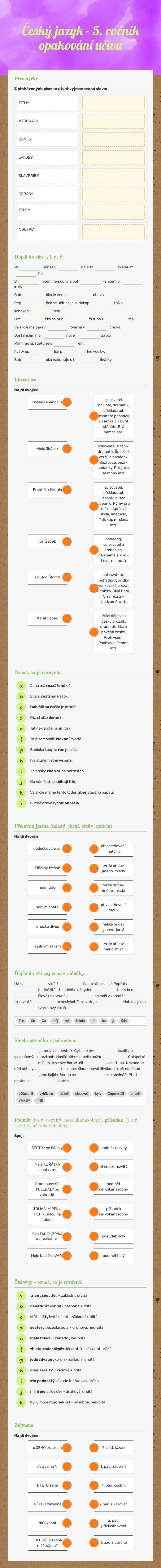 Český jazyk - 5. ročník opakování učiva worksheet preview image