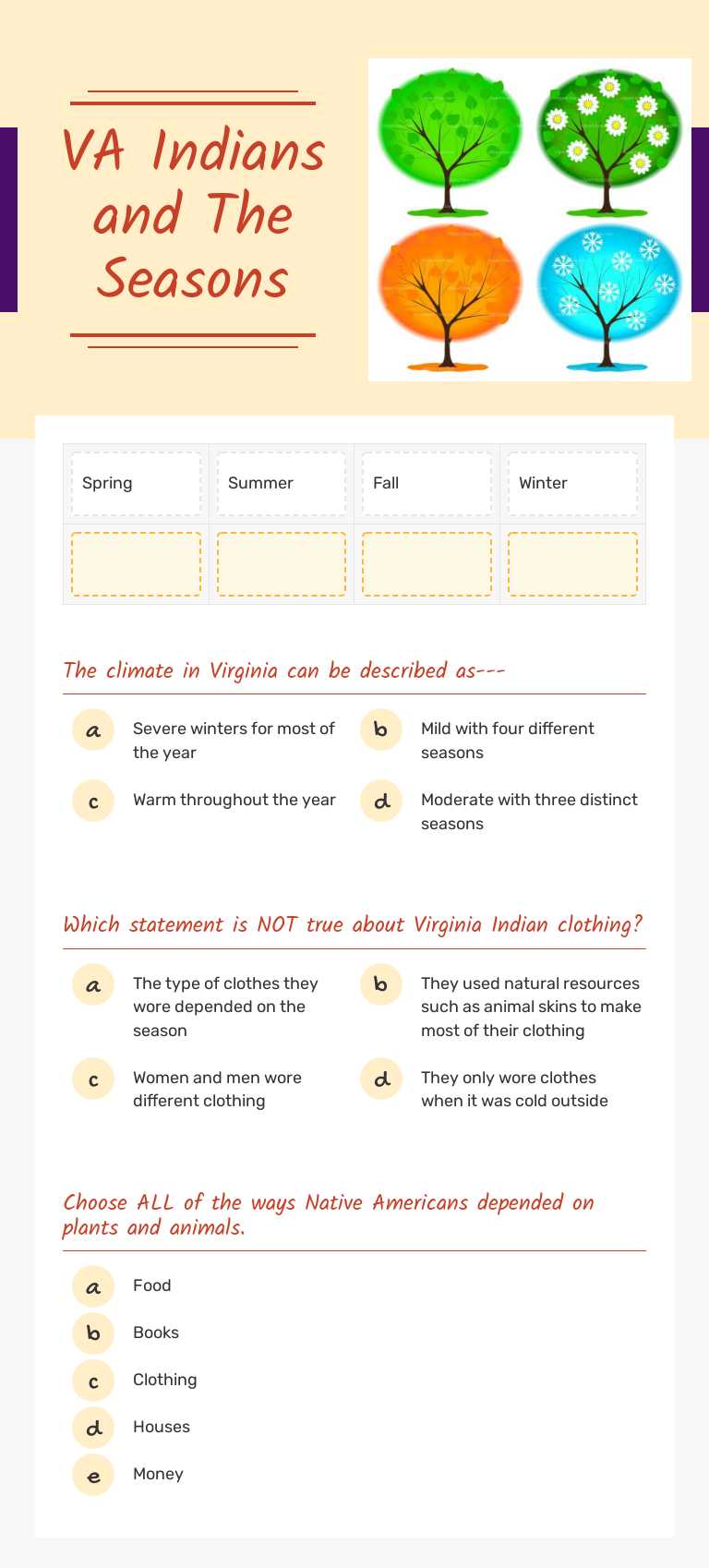 VA Indians and The Seasons worksheet preview