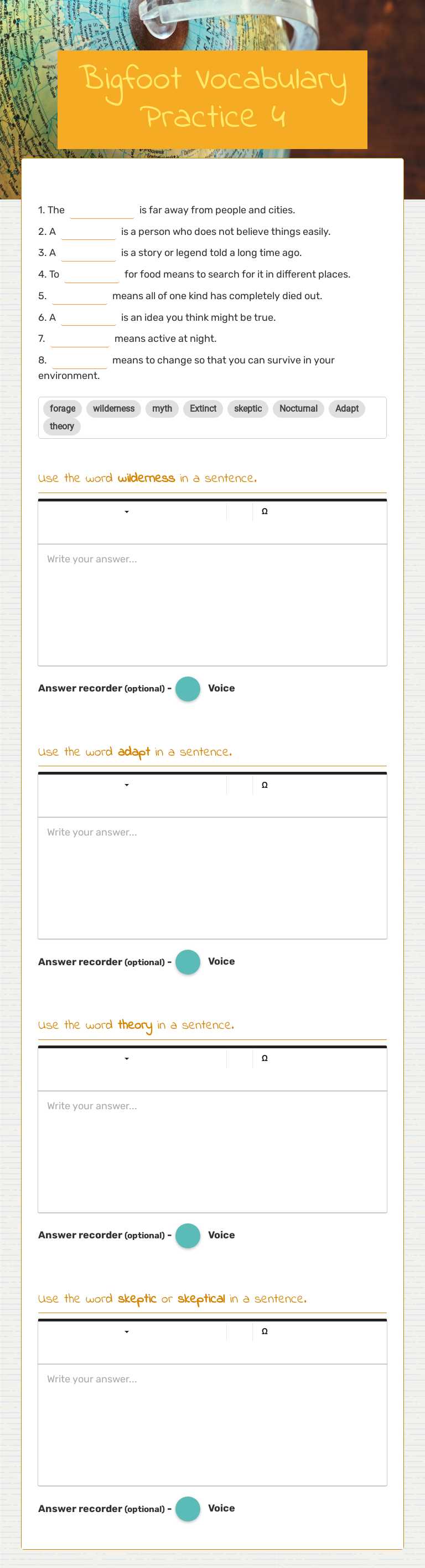 Bigfoot Vocabulary Practice 4 worksheet preview image