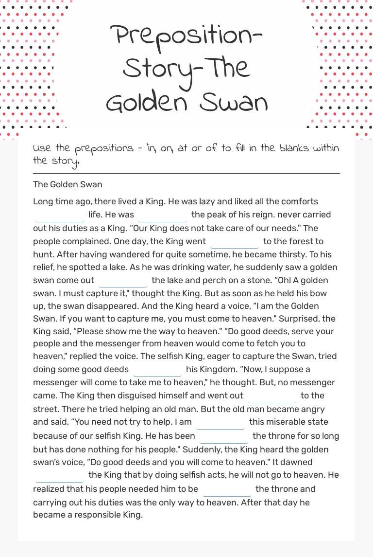 Preposition-Story-The Golden Swan Grade 3 worksheet preview