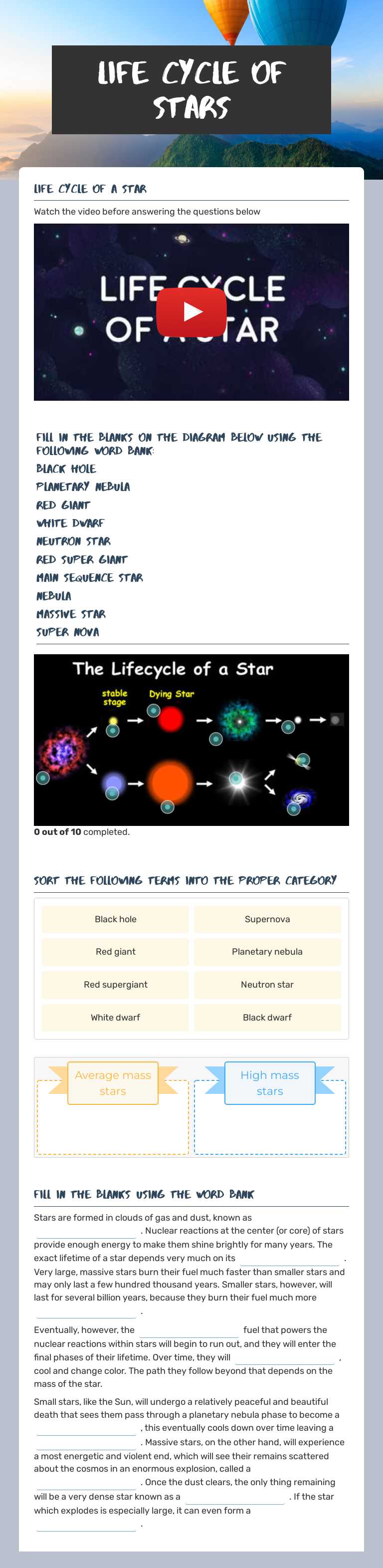 Life Cycle of stars worksheet preview image