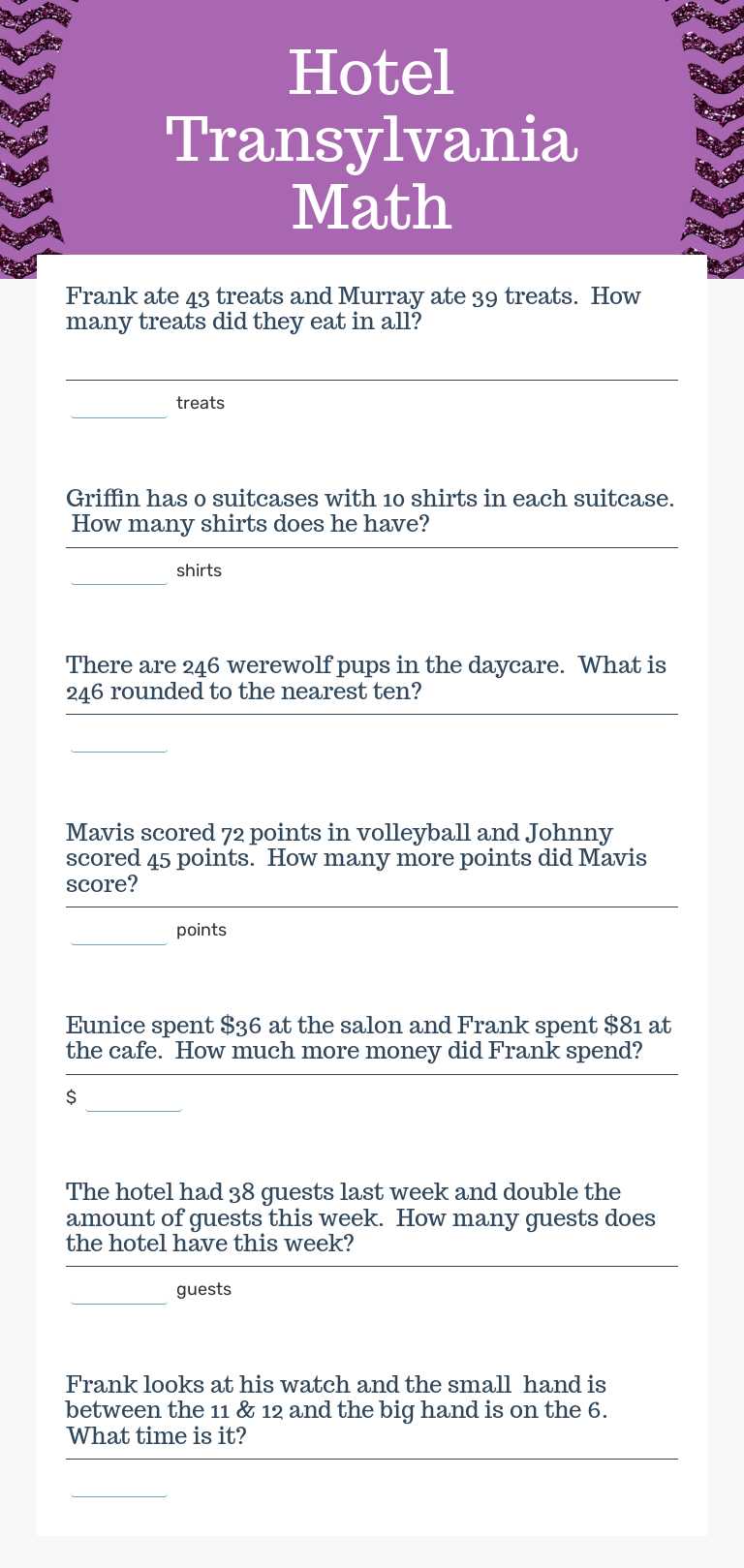Hotel Transylvania Math worksheet preview image