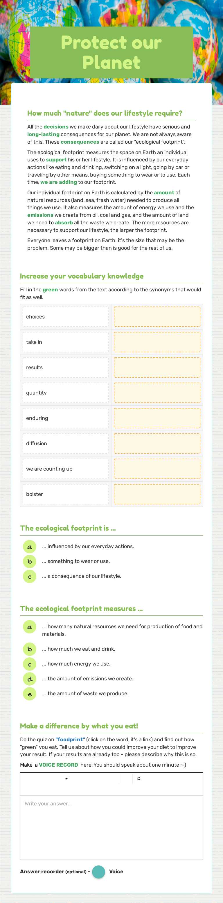 Protect our Planet worksheet preview image
