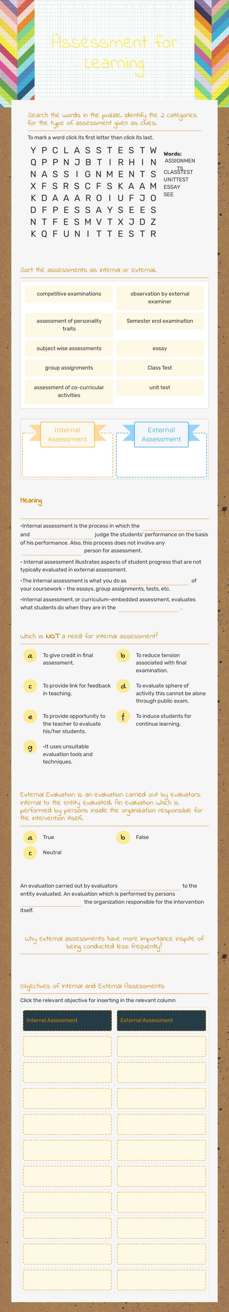 Assessment for Learning Other worksheet preview