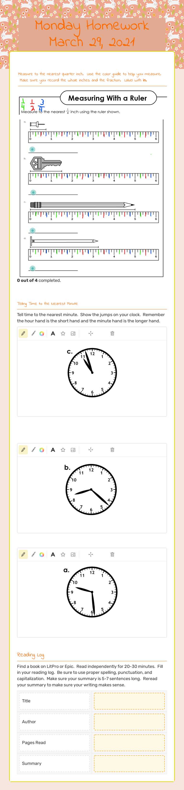 Monday Homework March 29, 2021 Grade 3 worksheet preview