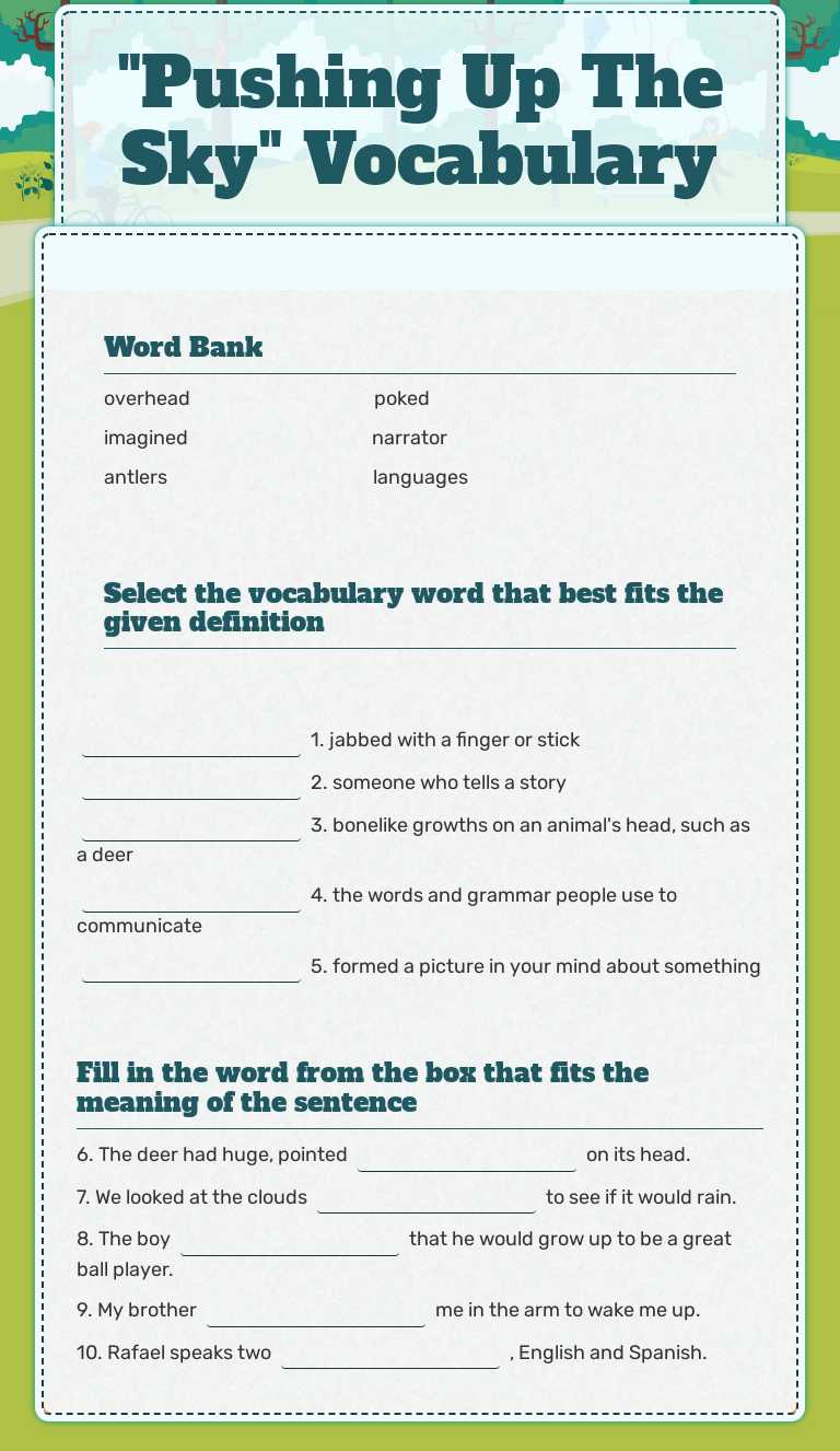 "Pushing Up The Sky" Vocabulary worksheet preview image