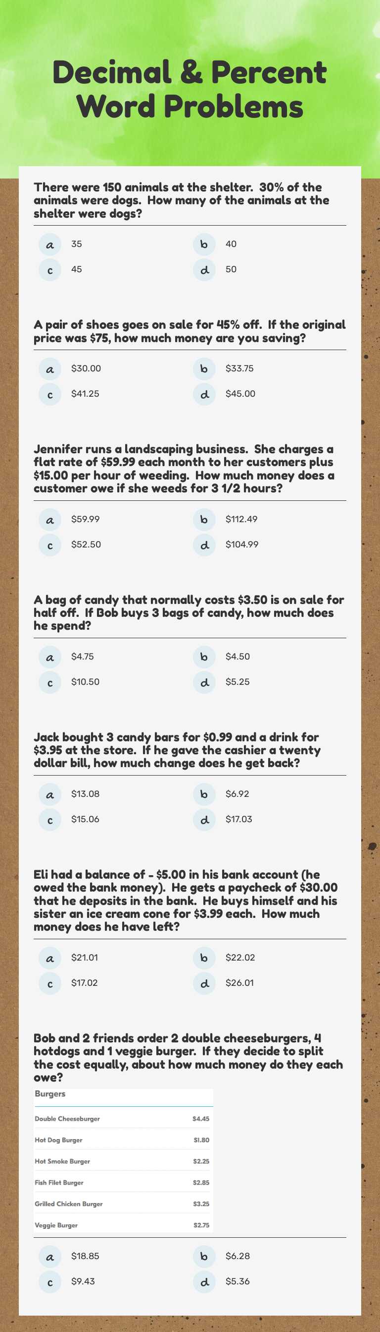Decimal & Percent Word Problems Grade 7 worksheet preview