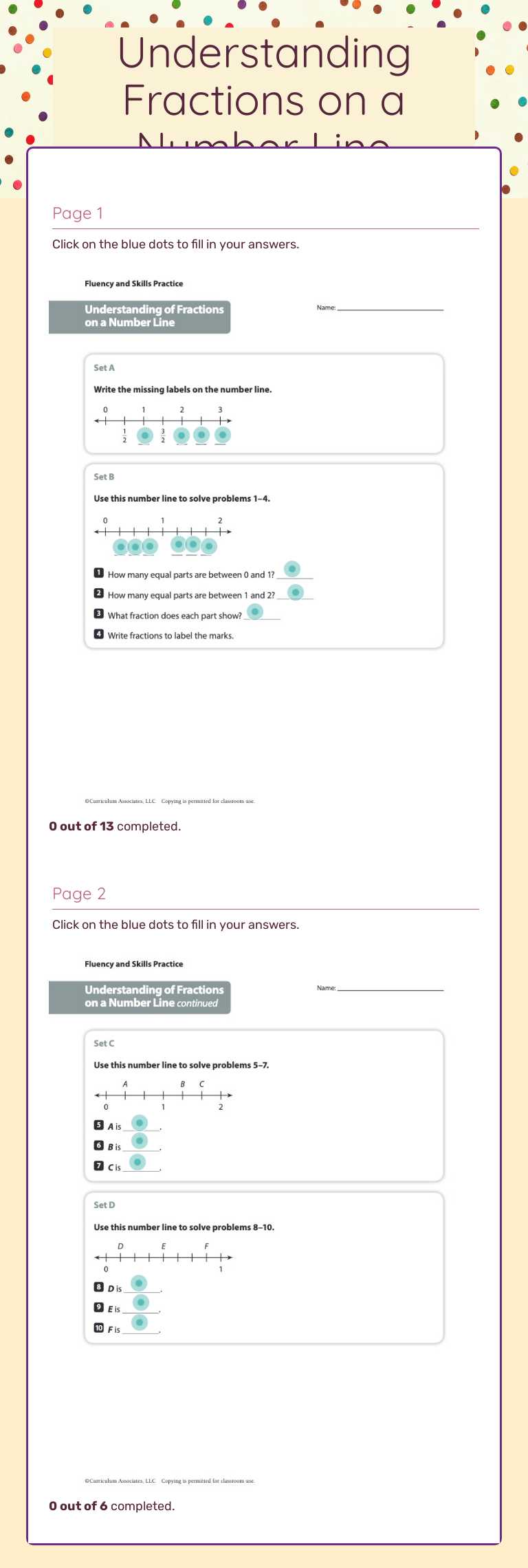 Understanding Fractions on a Number Line worksheet preview image