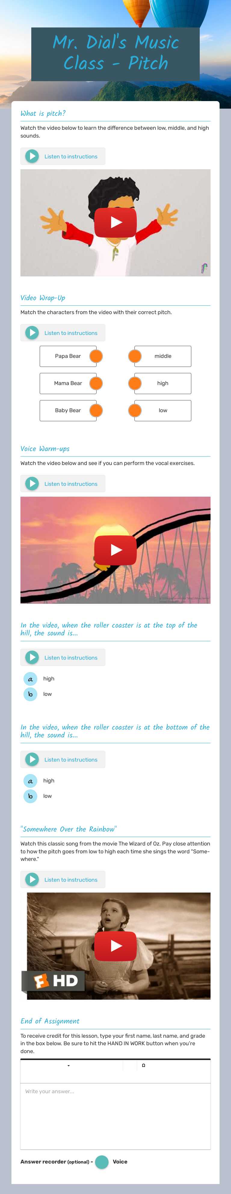 Mr. Dial's Music Class - Pitch worksheet preview image